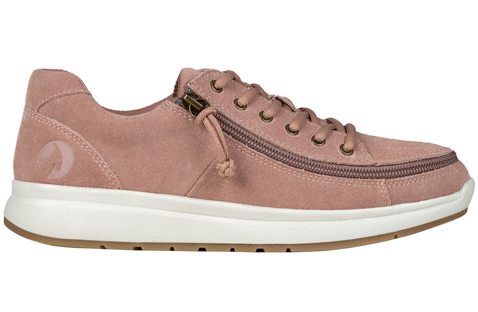Women's blush suede comfort shoes with wraparound zipper, ideal for diabetes, plantar fasciitis, bunions, and orthotics support.