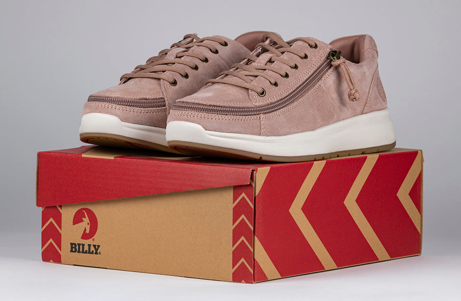 Women's blush suede comfort shoes with wraparound zipper on box. Ideal for diabetes, plantar fasciitis, bunions, wide and extra wide feet.
