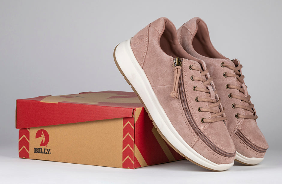 Women's blush suede comfort shoes with wraparound zipper, ideal for diabetes, plantar fasciitis, and wide feet, atop BILLY box.