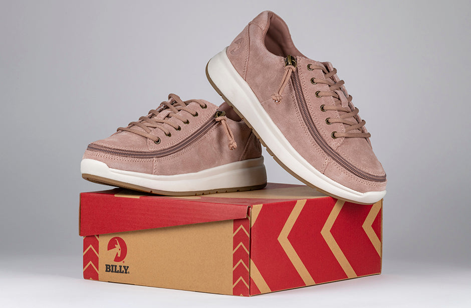 Women's blush suede BILLY Comfort Lows on box; ideal for diabetes, plantar fasciitis, bunions, wide feet, orthotics, wheelchair use.