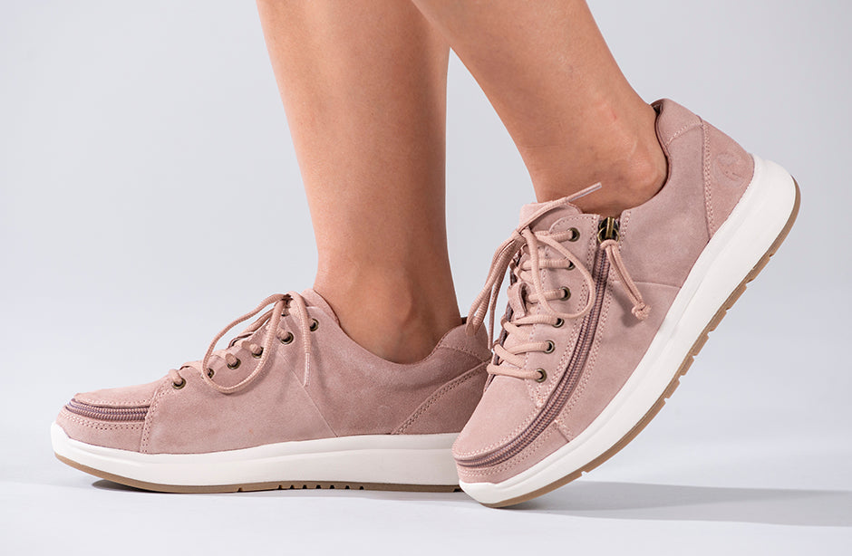 Women's blush suede comfort shoes with wraparound zipper, ideal for diabetes, plantar fasciitis, bunions, and orthotics support.