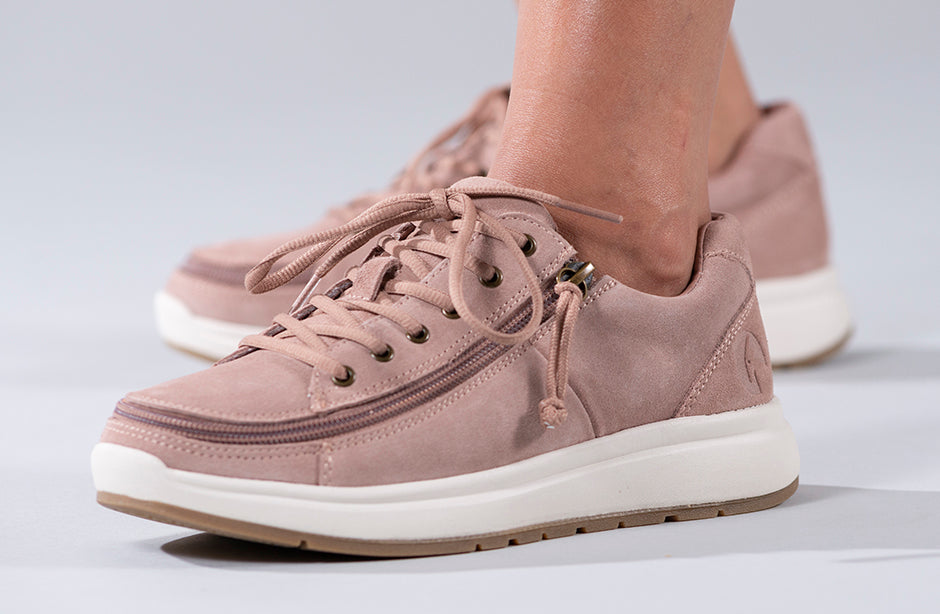 Women's blush suede BILLY comfort lows with wraparound zipper, ideal shoes for diabetes, plantar fasciitis, and wide feet support.