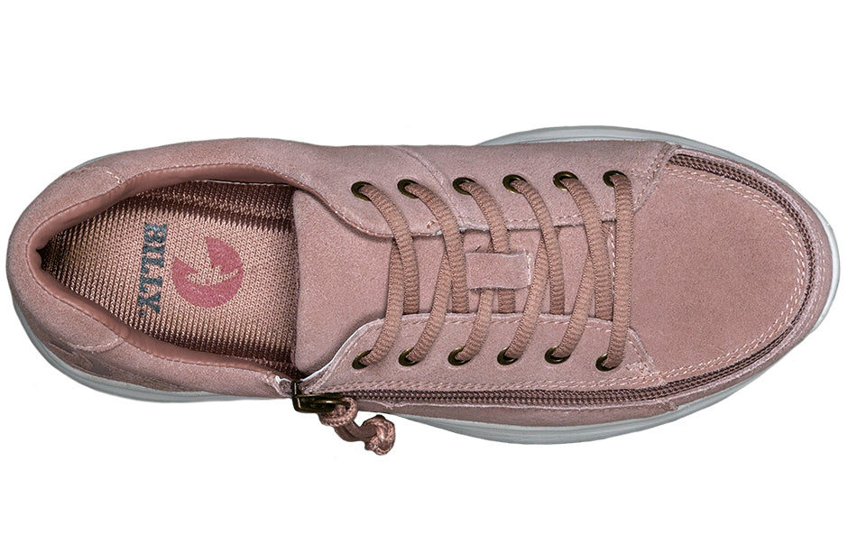 Women's blush suede BILLY Comfort Lows with wraparound zipper; ideal for diabetes, plantar fasciitis, bunions, and orthotics.
