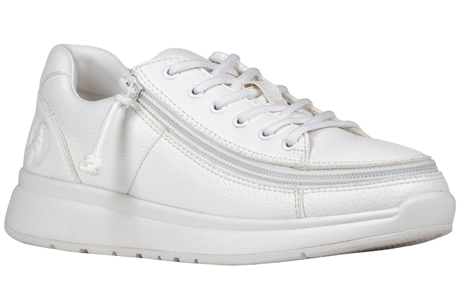 Women's White BILLY Work Comfort Lows - slip-resistant, zip closure, ideal for diabetes, plantar fasciitis, bunions, wide feet.