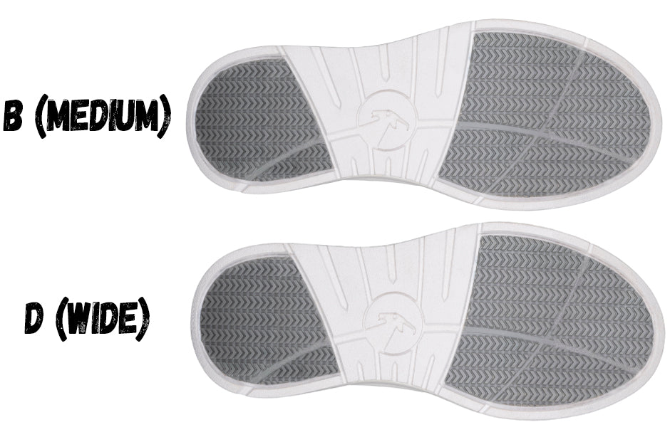 Comparison of B medium and D wide shoe sole options for women's white comfort work shoes.