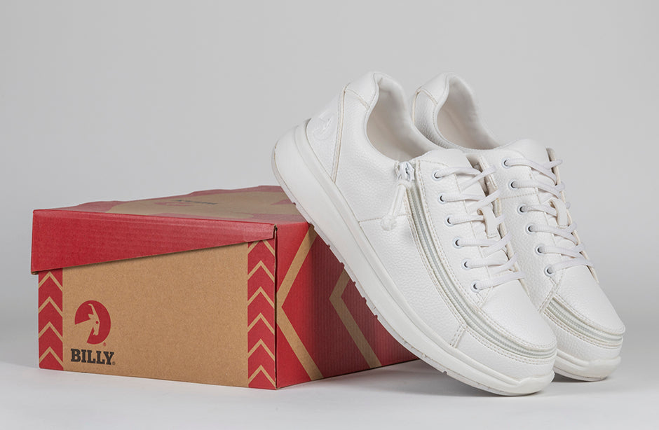 Women's white BILLY work comfort lows with slip-resistant sole and zipper, ideal for diabetes, plantar fasciitis, and wide feet.