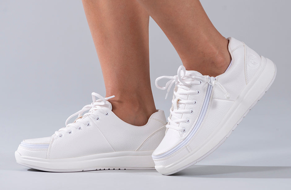 Women's White BILLY Work Comfort Lows with wraparound zipper, ideal for diabetes, plantar fasciitis, bunions, and wide feet.
