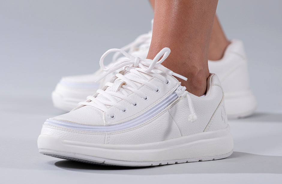 Women's White BILLY Work Comfort Lows with zipper, ideal for diabetes, plantar fasciitis, bunions, wide feet, and orthotics.