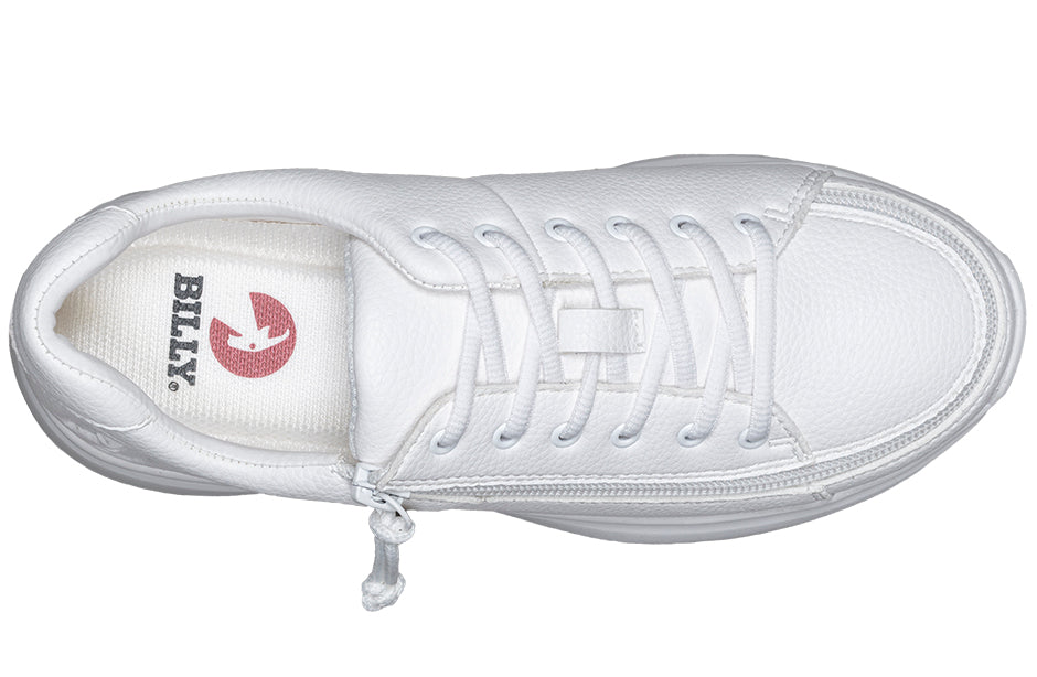 Top view of Women's White BILLY Work Comfort Lows, slip-resistant shoes with zipper, for diabetes, plantar fasciitis, and wide feet support.
