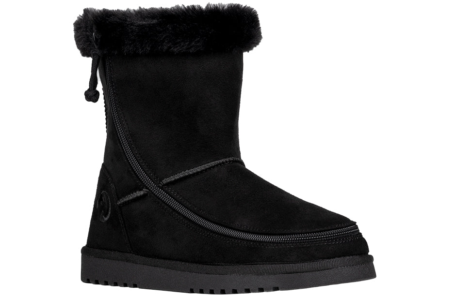 Women's Black BILLY Cozy Boots for orthotics, diabetic, plantar fasciitis, bunions, wide feet, wheelchair use; faux suede upper.
