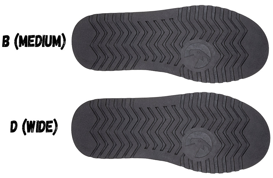 Rubber outsole of Women's Black BILLY Cozy Boots showing B (Medium) and D (Wide) width options, ideal for various foot needs.