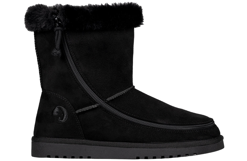 Women's Black BILLY Cozy Boots with wraparound zipper, suitable for diabetes, plantar fasciitis, bunions, and orthotic use.