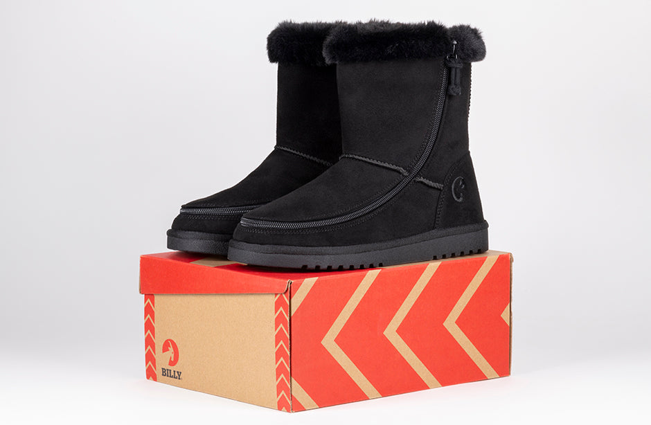 Women's Black BILLY Cozy Boots with faux suede, flannel lining, removable inserts for diabetes, plantar fasciitis, bunions, wide feet.