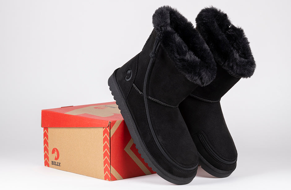 Women's Black BILLY Cozy Boots with faux suede upper and flannel inner, ideal for diabetes, plantar fasciitis, and orthopedic needs.