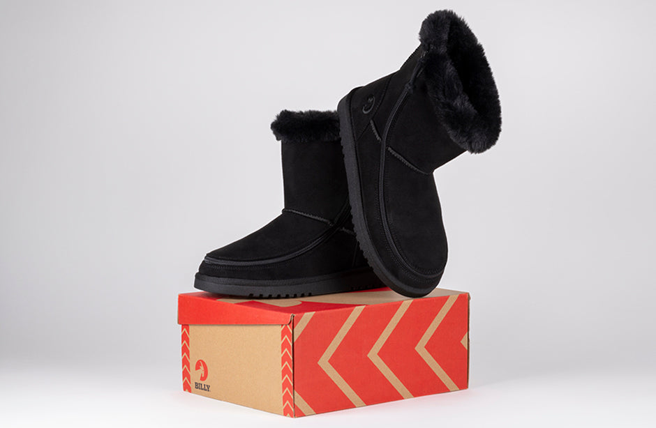 Women's Black BILLY Cozy Boots on a box, ideal shoes for diabetes, plantar fasciitis, bunions, wide feet, and orthotics.