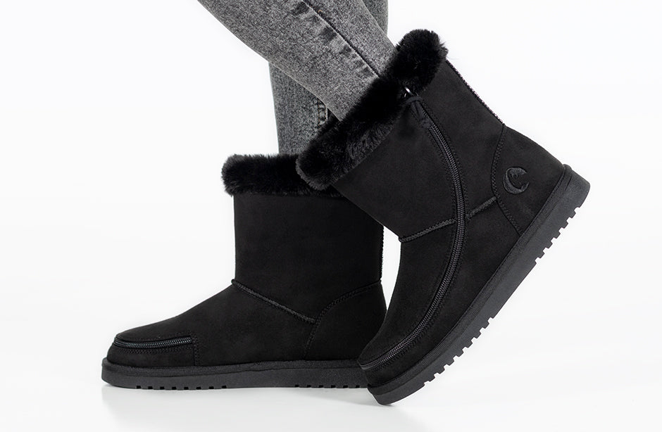 Women's Black BILLY Cozy Boots with faux suede and flannel lining, ideal for diabetes, plantar fasciitis, and wide or extra wide feet.