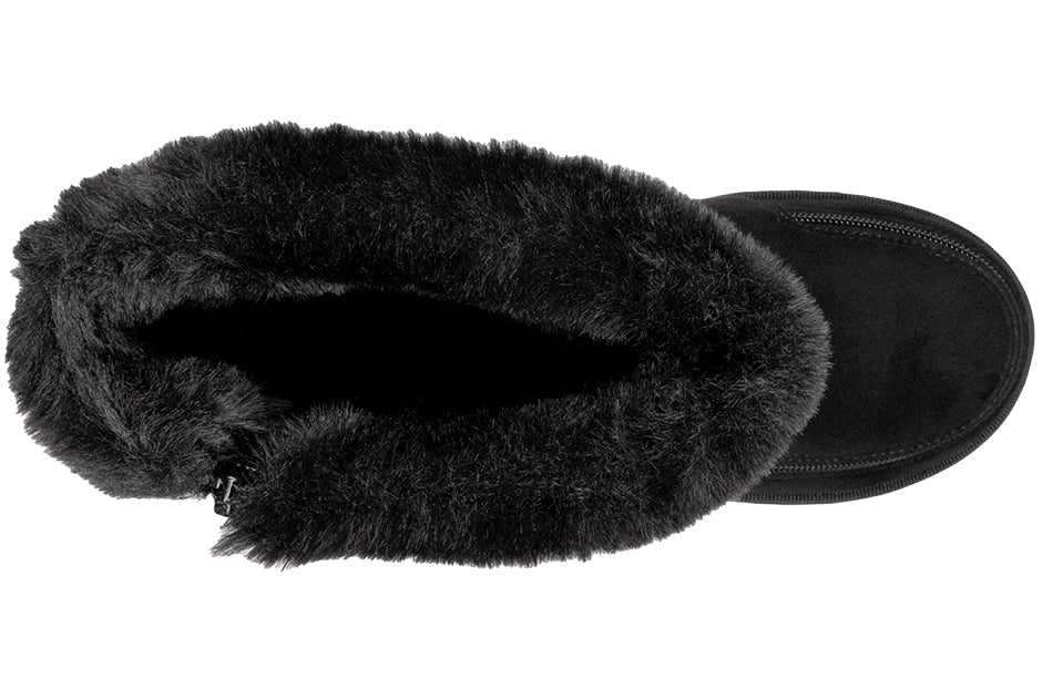 Top view of Women's Black BILLY Cozy Boots with faux suede and fluffy flannel lining, ideal for comfort and foot conditions like plantar fasciitis.