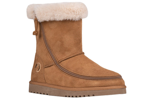Women's Chestnut BILLY Cozy Boots with faux suede, flannel lining, and wraparound zipper. Ideal for wide feet, orthotics, and plantar fasciitis.