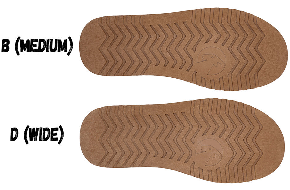 Soles of Women's Chestnut BILLY Cozy Boots showing B (Medium) and D (Wide) widths, suitable for wide and extra wide feet.