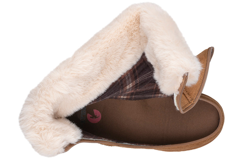 Top view of a Women's Chestnut BILLY Cozy Boot with faux suede exterior, plush lining, and accessible wraparound zipper, ideal for orthotics.