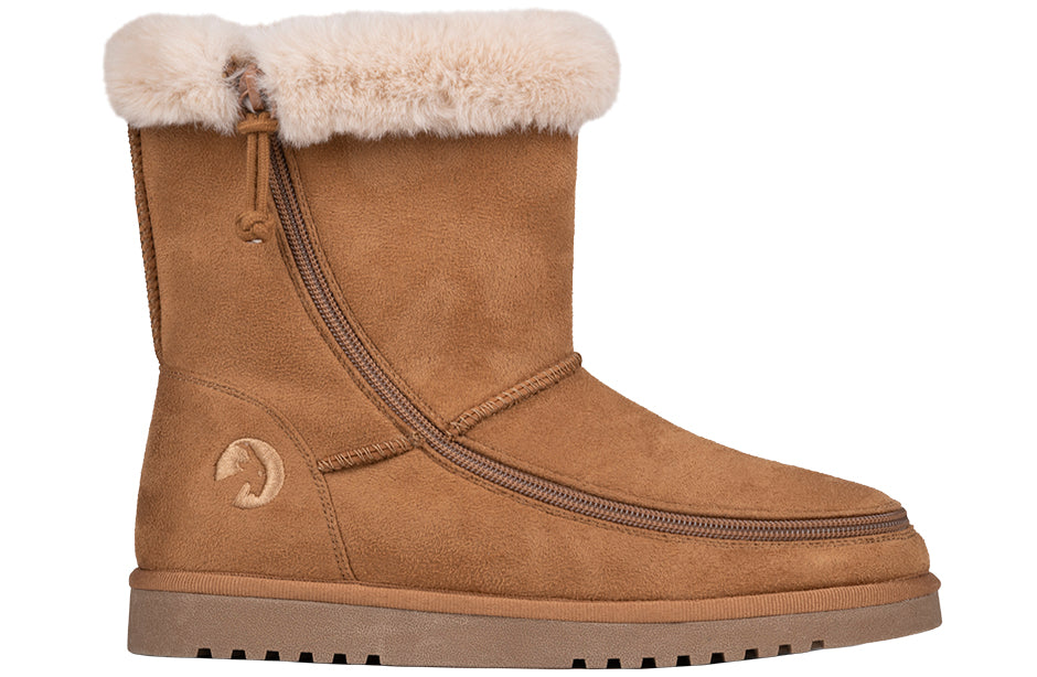 Women's Chestnut BILLY Cozy Boots with faux suede upper, flannel inner, and wraparound zipper, ideal for orthotics and wide feet.