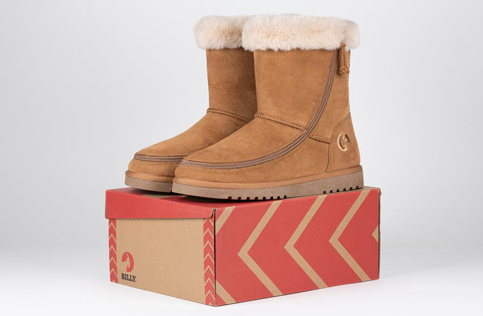 Women's Chestnut BILLY Cozy Boots with faux suede, ideal for diabetes and plantar fasciitis, on display box.