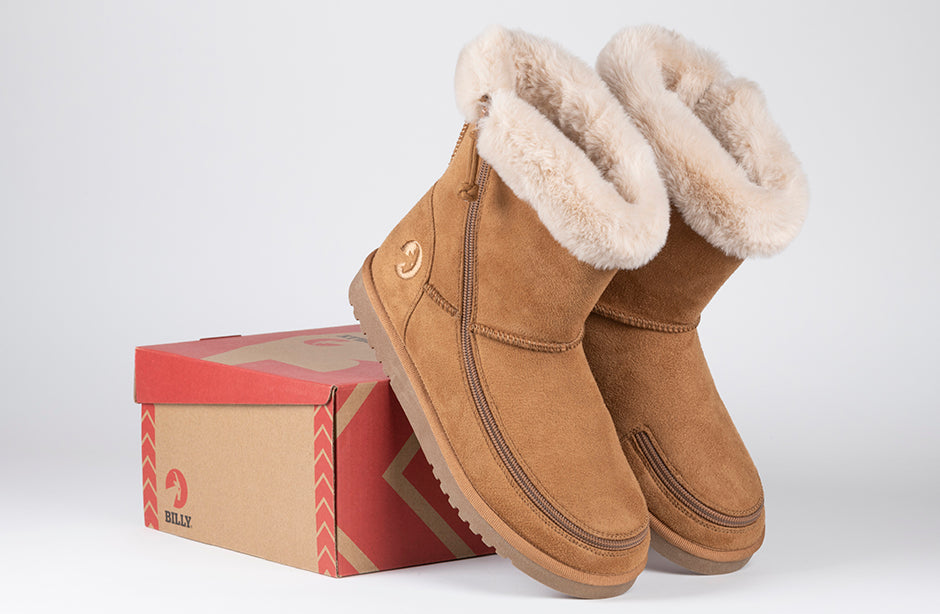 Women's Chestnut BILLY Cozy Boots with faux suede, flannel lining, and wraparound zipper, ideal for diabetic and orthotic use.