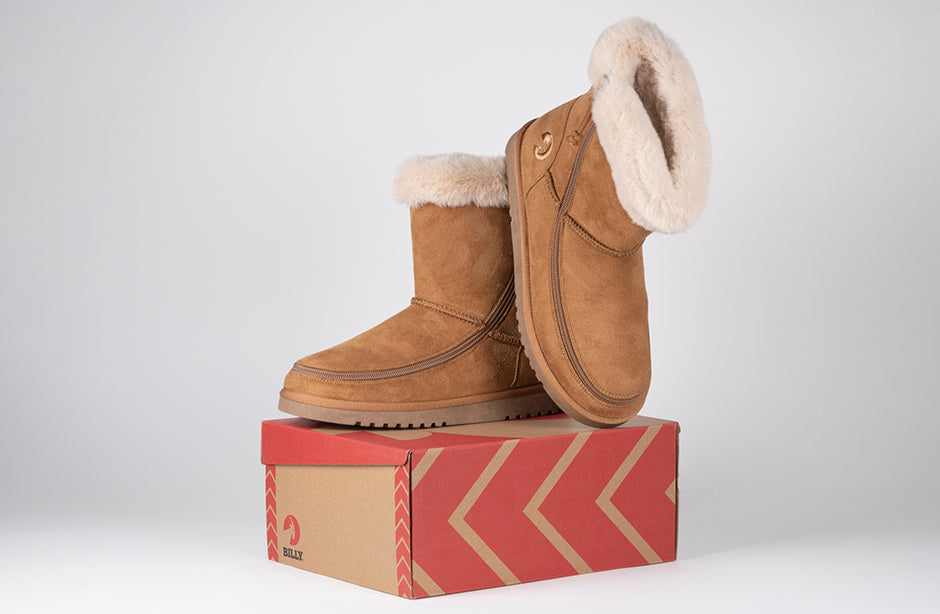 Women's Chestnut BILLY Cozy Boots on a box, perfect for shoes for diabetes, plantar fasciitis, wide and extra wide feet, and orthotics.