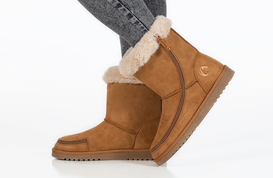 Women's Chestnut BILLY Cozy Boots with wraparound zipper, suitable for shoes for bunions, wide feet, and orthotics.