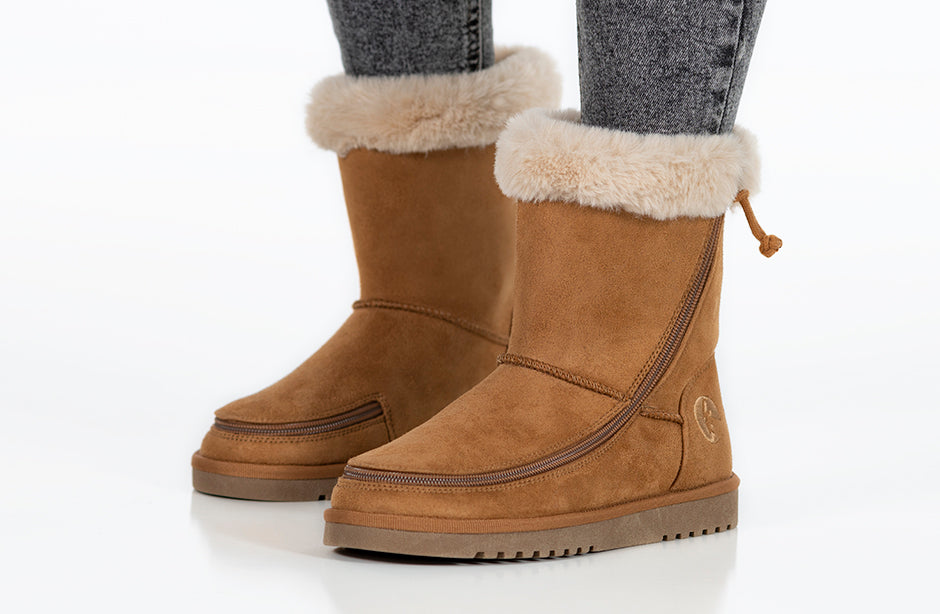 Women's Chestnut BILLY Cozy Boots with faux suede and flannel lining, wraparound zipper; ideal for plantar fasciitis and wide feet comfort.