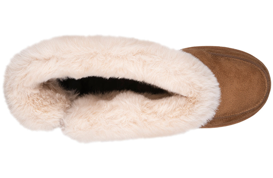 Top view of Women's Chestnut BILLY Cozy Boot with faux suede exterior and plush flannel lining, ideal for wide and diabetic feet.