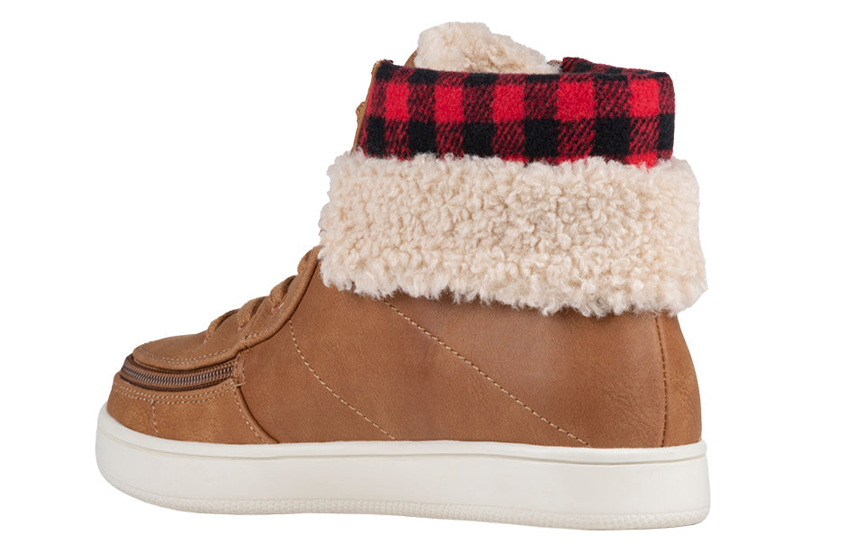 Women's Cognac BILLY Cuffs high top shoe with plaid fur collar, suitable for diabetes, wide feet, and plantar fasciitis.