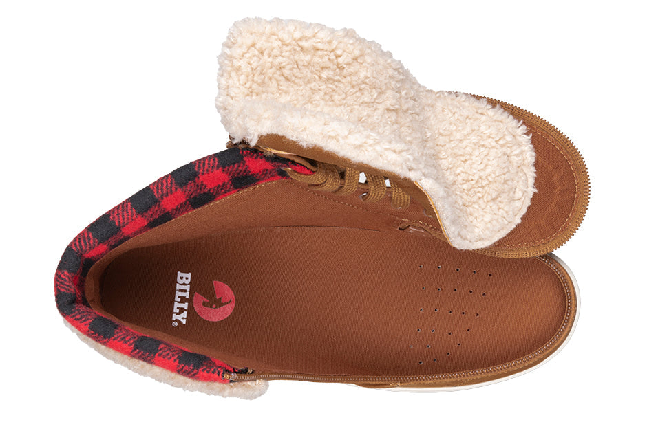 Top view of Women's Cognac BILLY Cuffs, showing flannel and faux suede with fur collar, ideal for wide feet and orthotic support.