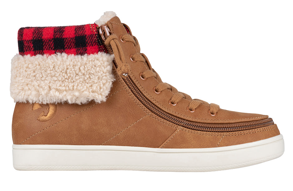 Women's Cognac BILLY Cuff shoe with flannel-collar and zipper, ideal for diabetes, plantar fasciitis, and wide feet support.