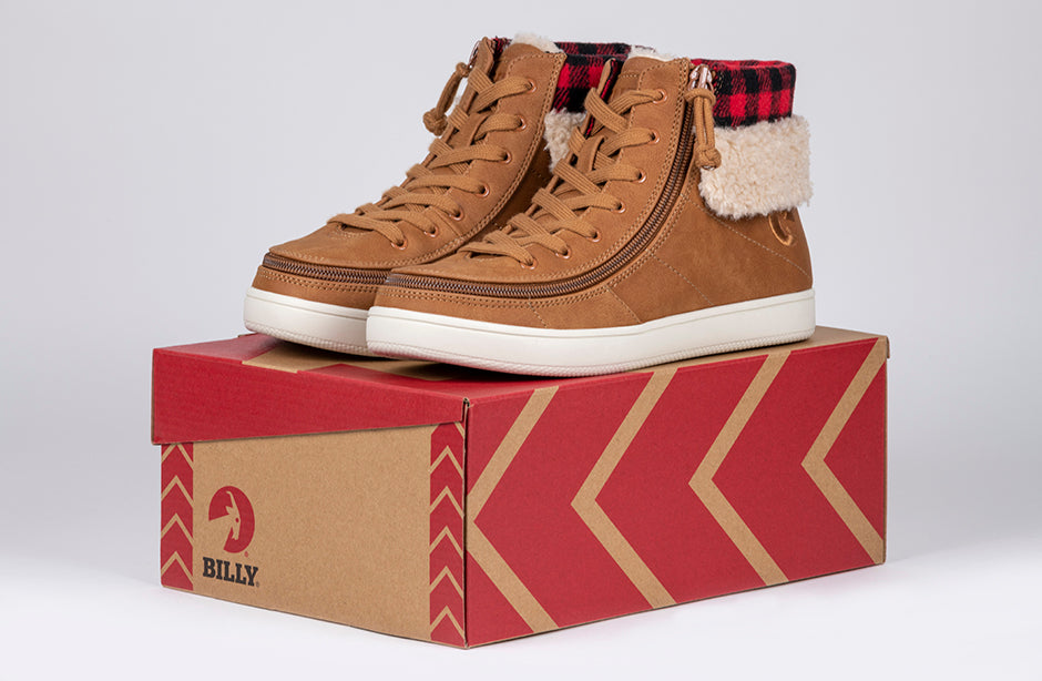 Women's Cognac BILLY Cuffs high-top shoes with fur collar, designed for plantar fasciitis, diabetes, bunions, and orthotics.