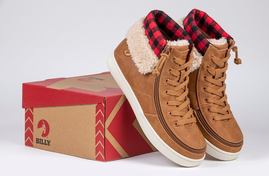 Women's Cognac BILLY Cuffs high tops with fur collar, ideal shoes for diabetes, plantar fasciitis, bunions, and wide feet support.