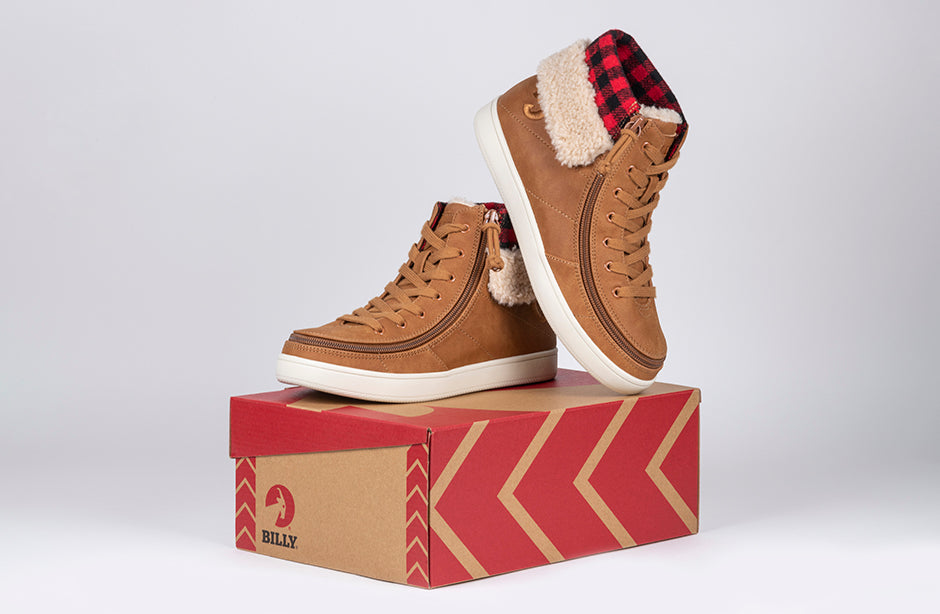 Cognac BILLY Cuffs women's shoes with fur collar, ideal for diabetes, plantar fasciitis, bunions, wide feet, orthotics, wheelchair use.