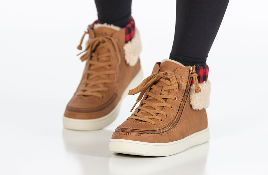 Women's Cognac BILLY Cuffs high top shoes with fur collar, ideal for diabetes, plantar fasciitis, bunions, and orthotics.