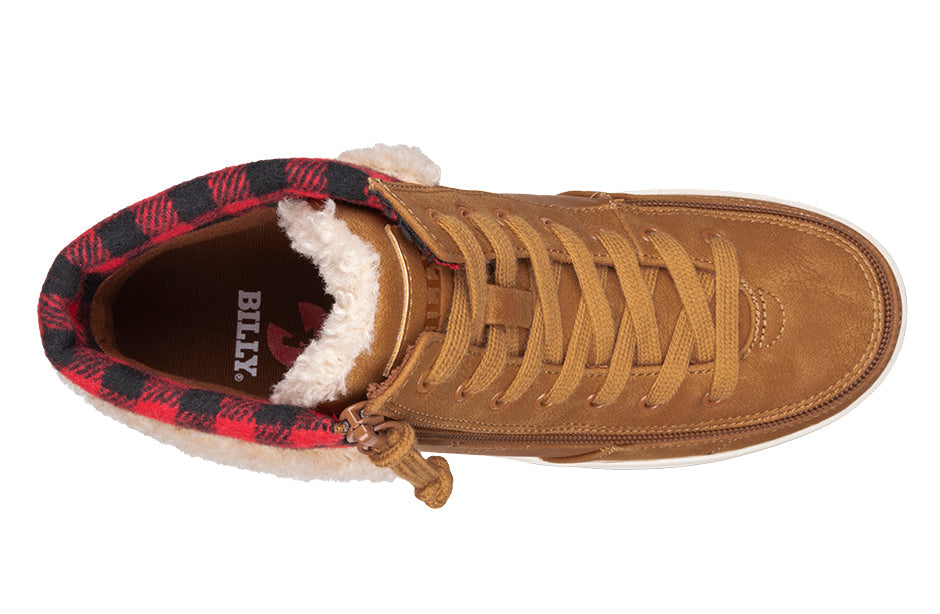 Women's Cognac BILLY Cuffs high-top shoe with fur collar, suitable for diabetes, plantar fasciitis, and orthotic needs.