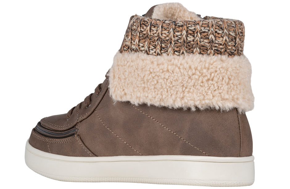 Side view of Women's Tobacco BILLY Cuffs high-top shoe with fur collar for comfort and functional laces. Ideal for foot conditions.