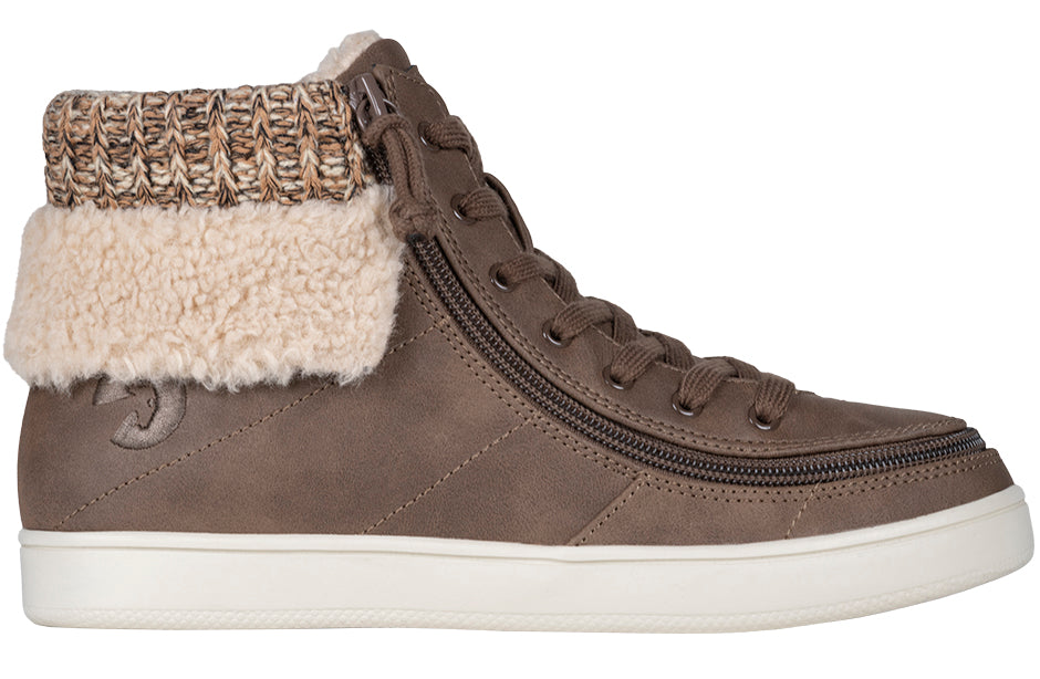 Women's Tobacco BILLY Cuffs high-top shoe with fur collar, ideal for diabetes, plantar fasciitis, bunions, and orthotics support.