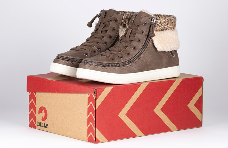 Women's Tobacco BILLY Cuffs high top shoes with fur collar, ideal for diabetes, plantar fasciitis, bunions, and wide feet support.