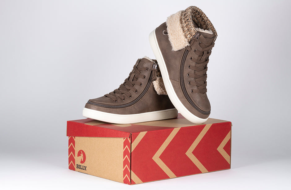 Women's Tobacco BILLY Cuffs high top shoes with fur collar, ideal for diabetes, plantar fasciitis, bunions, wide feet, and orthotics.