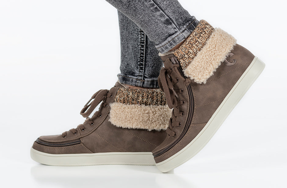 Women's Tobacco BILLY Cuffs with fur collar, ideal shoes for diabetes, plantar fasciitis, bunions, wide feet, orthotics, wheelchair use.