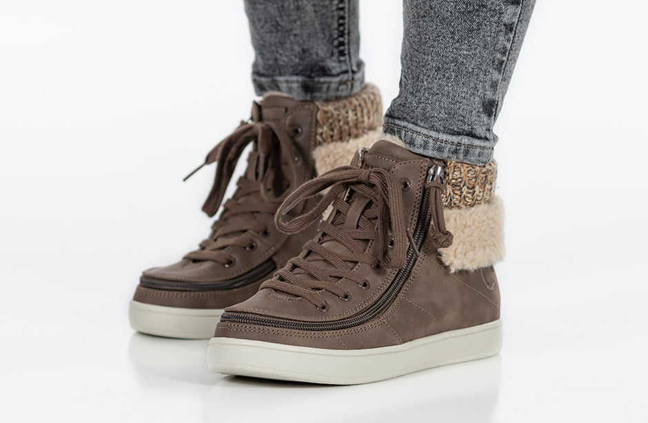 Women's Tobacco BILLY Cuffs high tops with fur collar, ideal shoes for diabetes, plantar fasciitis, bunions, wide and extra wide feet.