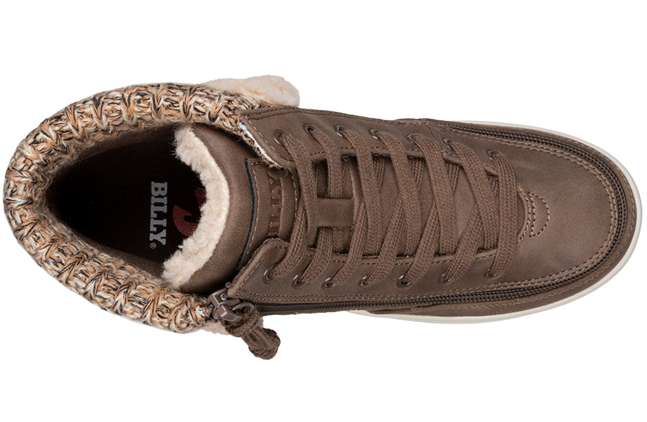 Top view of Women's Tobacco BILLY Cuffs, brown high-top shoes with laces, fur collar, ideal for diabetes, plantar fasciitis, and orthotics.