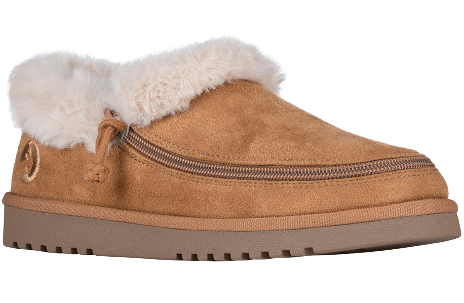 Women's Chestnut BILLY Cozy Slippers with faux suede and fur, ideal for diabetes, plantar fasciitis, bunions, wide feet, orthotics.