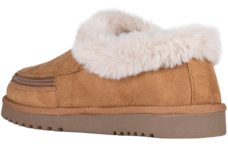 Women's Chestnut BILLY Cozy Slippers with faux suede and fur, ideal for plantar fasciitis, bunions, and orthotics. Medium and wide sizes.