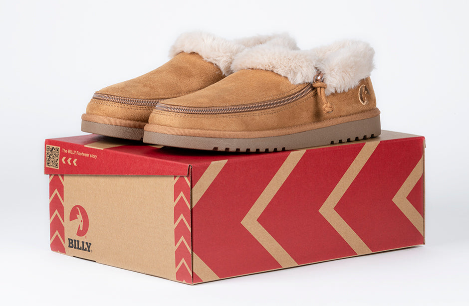 Women's Chestnut BILLY Cozy Slippers with faux suede and fur for plantar fasciitis and bunions, wide sizes available. Easy slip-on design.