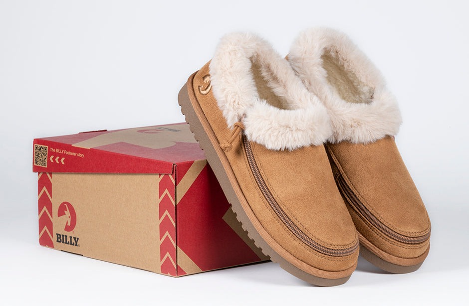 Women's Chestnut BILLY Cozy Slippers with faux fur and suede, ideal shoes for diabetes, plantar fasciitis, bunions, and wide feet.